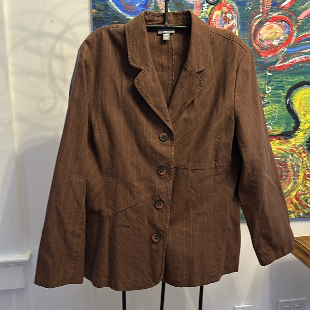 J Jill Cotton Linen Brown Pinstripe Blazer in 12p
